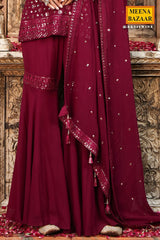 Wine Georgette Embroidered Sharara Suit