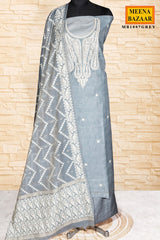 Grey Embroidered Kota Unstitched Suit With Elegant Printed Dupatta
