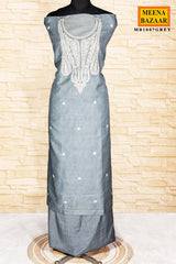 Grey Embroidered Kota Unstitched Suit With Elegant Printed Dupatta