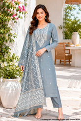 Grey Embroidered Kota Unstitched Suit With Elegant Printed Dupatta