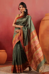 Pista Green Silk Saree with Contrast Rust Border & Floral Pallu
