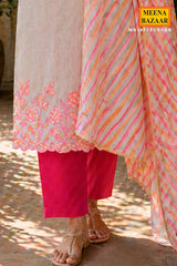 Tussar Unstitiched Suit Set with Striped Dupatta & Pink Pants for Women