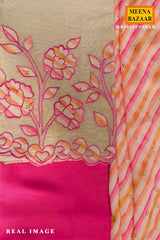 Tussar Unstitiched Suit Set with Striped Dupatta & Pink Pants for Women