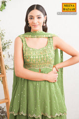 Green Georgette Embroidered Sharara Ready Made Suit