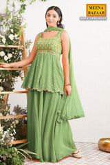 Green Georgette Embroidered Sharara Ready Made Suit