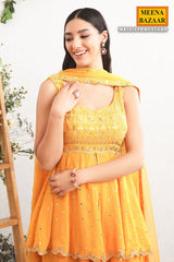 Mustard Georgette Embroidered Sharara Suit