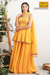 Mustard Georgette Embroidered Sharara Suit
