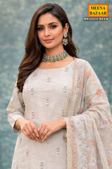 Cream Cotton Embroidered Unstitched Suit