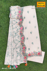 Green Chanderi Unstitched Suit with Elegant Embroidery