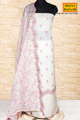 Cream & Pink Embroidered Chanderi Unstitched Suit Set