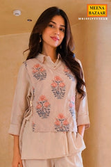 Tussar Floral Embroidered Layered Co Ord Set with Wide-Leg Pants for Women