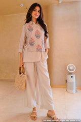 Tussar Floral Embroidered Layered Co Ord Set with Wide-Leg Pants for Women