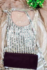 Wine & Brown Ombre Print Georgette Sequin Embroidered Unstitched Suit