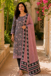 Black Printed Cotton Suit Set with Floral Dupatta