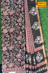 Black Printed Cotton Suit Set with Floral Dupatta