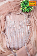 Copper Brown Georgette Sequin Embroidered 3Pc Unstitched Suit Set