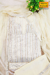 Cream Georgette Sequin Embroidered 3Pc Unstitched Suit