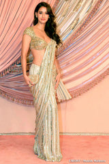 Cream Sequin Saree with Gold Embellished Blouse for Parties & Weddings