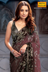 Coffee Georgette Sequins Designer Saree Party & Wedding Wear