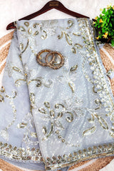 Grey Floral Sequin Embroidered Georgette Saree