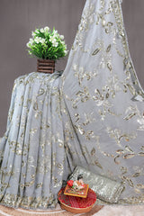 Grey Floral Sequin Embroidered Georgette Saree