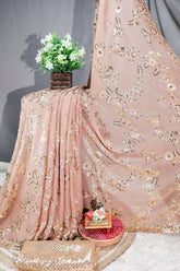 Brushed Copper Brown Floral Sequin Embroidered Georgette Saree