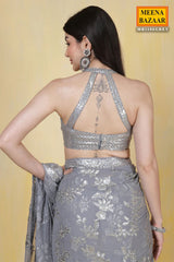 Grey Floral Sequin Embroidered Georgette Saree