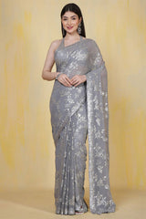 Grey Floral Sequin Embroidered Georgette Saree