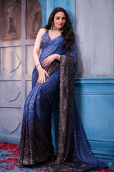 Navy Blue Georgette Sequins Designer Saree Party & Wedding Wear