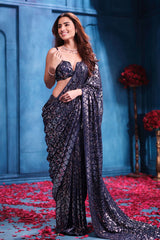 Navy Blue Georgette Sequins Designer Saree Party & Wedding Wear