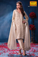 Antique Gold Kanjivaram Tissue Shirt Set with Crepe Bottom & Dupatta Suit