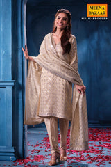 Antique Gold Kanjivaram Tissue Shirt Set with Crepe Bottom & Dupatta Suit