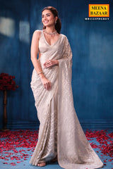 Elegant Silver Tissue Saree with Intricate Embroidery Work