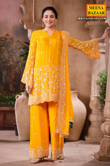 Mustard Crepe Suit Set with Chiffon Dupatta
