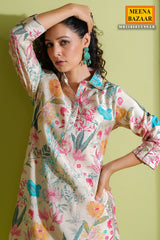 Tussar Crepe Floral Printed Sequined Collar Co-Ord Set