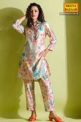 Tussar Crepe Floral Printed Sequined Collar Co-Ord Set