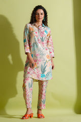 Tussar Crepe Floral Printed Sequined Collar Co-Ord Set