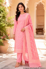 Pink Cotton Weaving Unstitched Suit Set