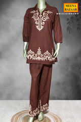 Brown Cotton Embroidered Kurti Set