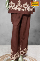Brown Cotton Embroidered Kurti Set
