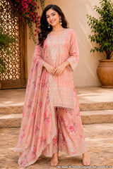Peach Chinon Embroidered Suit for Women