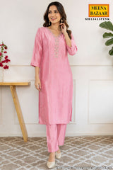 Pink Maslin Suit with Neck Embroidery