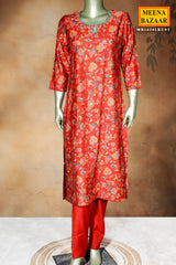 Rust Maslin Ready-Made Suit with Embroidered Neck