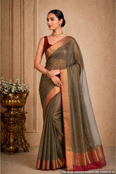 Grey Organza Weave Saree with Maroon Accents