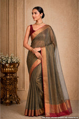 Grey Organza Weave Saree with Maroon Accents