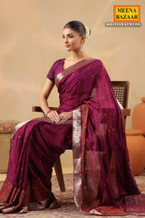 Wine Crepe Embroidered Saree Elegant Party & Festive Wear