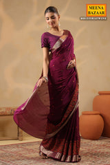 Wine Crepe Embroidered Saree Elegant Party & Festive Wear