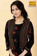 Black Rayon Printed Kurti Pant Set with Short Shrug
