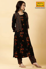 Black Rayon Printed Kurti Pant Set with Short Shrug