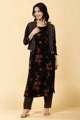 Black Rayon Printed Kurti Pant Set with Short Shrug